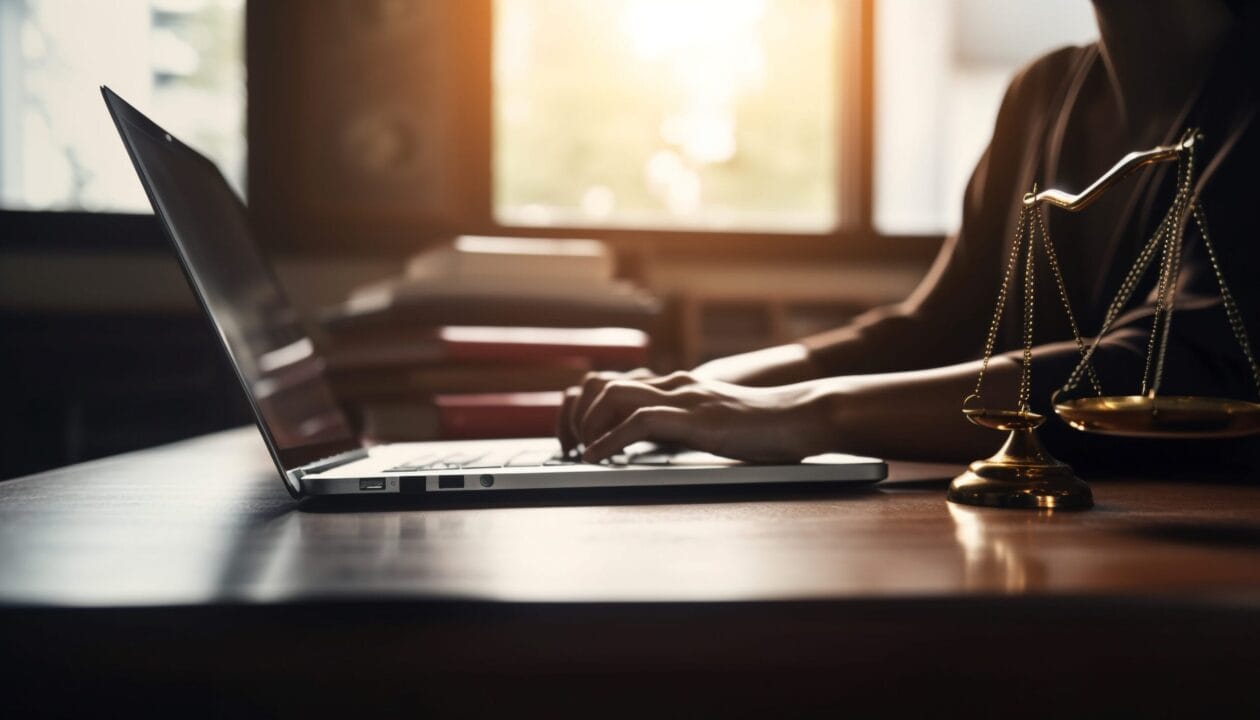 one woman typing laptop office generated by ai scaled