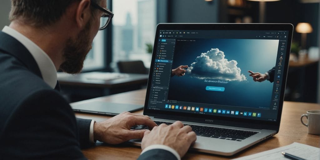 Lawyer using cloud-based legal solutions on laptop